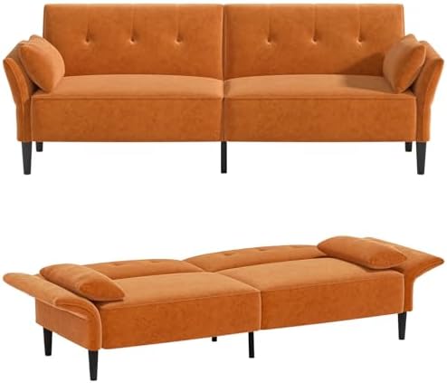 89” Futon Sofa Bed, Velvet Fabric Comfy Futon Couch Bed with 2 Square Pillows, Convertible Sleeper Sofa with Adjustable Backrest& Armrests, Modern Loveseat Sleeper for Living Room, Bedroom
