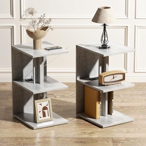 Set of 2 Nightstand with Charging Station for Small Spaces, End Table Side Table for Living Room,3 Tier Sofa Bedside Tables Bedroom (Grey)