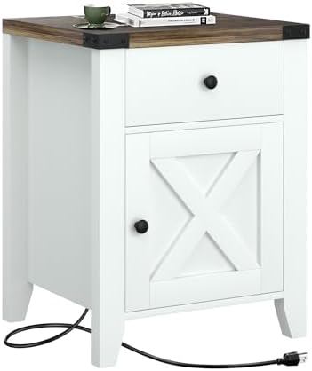 GAZHOME End Table with Fast USB Charging Station, 24” Tall Sofa Side Table with Drawer, Large Storage Rustic Wood Square Storage Cabinet for Living Room,Bedroom,Office, White