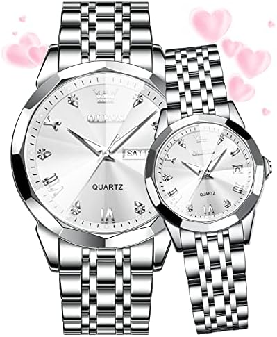 OLEVS Couple Watch His and Her Set Watches Business Analog Quartz Men and Women Watches Stainless Steel Waterproof Luminous Date Wrist Watch
