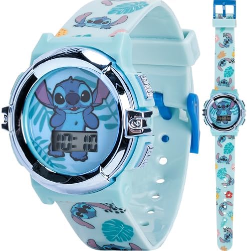 Accutime Kids Disney Lilo and Stitch Blue Digital LCD Quartz Childrens Wrist Watch for Boys, Girls, Toddlers with Multicolor Graphic Strap (Model: LAS4019AZ)
