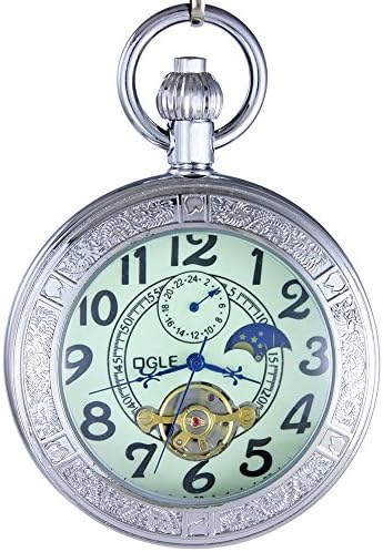 Waterproof Luminous Magnifier Tourbillon Moon Sun Chain Fob Self Wind Automatic Mechanical Pocket Watch