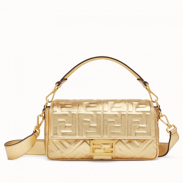 Fendi Baguette Medium Bag In Gold Lambskin With FF Motif